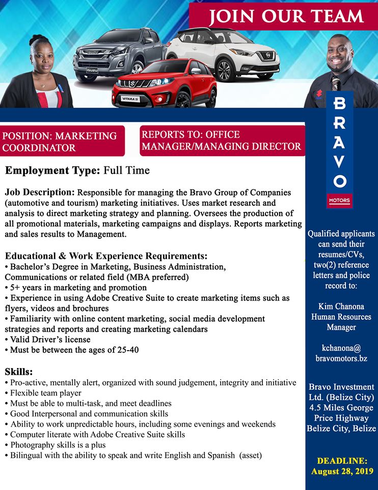Bravo Motors has vacancy for a Fulltime Marketing Coordinator.